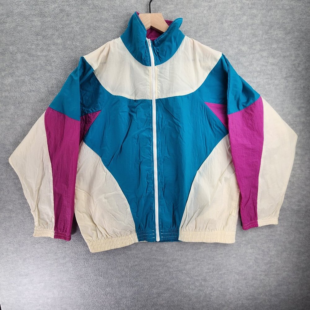 Vintage Cheetah Sport Jacket Womens Medium 80s 90s Colorblock Retro Windbreaker